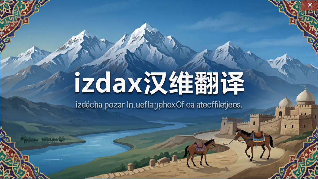 主体为izdax汉维翻译软件的启动界面,居中显示软件名称“izdax汉维翻译”及双语欢迎标语,背景为天山与丝绸之路的融合插画,布局大气庄重,排版简洁清晰,整体风格现代科技感,细节之处点缀维吾尔族传统花纹元素,画质高清干净,无多余元素
