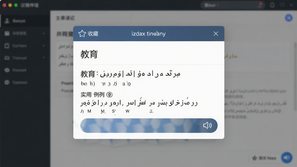 izdax汉维翻译的词汇查询弹窗界面,展示单词“教育”的维吾尔文释义、音标及实用例句,背景为模糊化的翻译主界面,布局层次分明,排版清晰,风格简约商务,细节有收藏按钮与发音图标,画质高清,无多余元素
