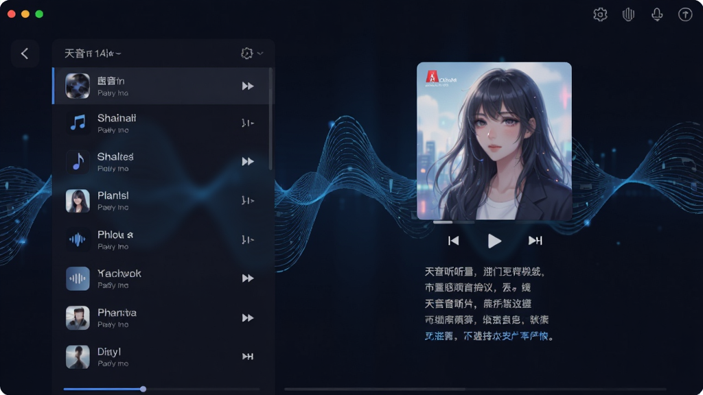 天音听听软件主界面展示,深色背景搭配渐变蓝色音乐波纹,界面左侧为播放列表,右侧显示专辑封面与歌词,整体布局简洁大气,风格现代科技感,细节丰富,画质高清干净,无多余元素