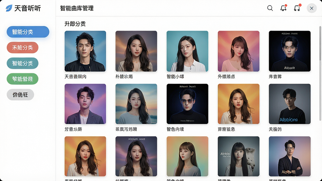天音听听智能曲库管理界面,展示按歌手和专辑分类的网格布局,每张封面色彩鲜明,界面左侧有智能分类标签,整体风格明亮清爽,细节丰富,画质高清无杂物
