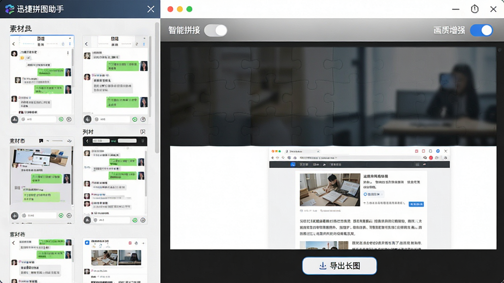 主体:迅捷拼图助手长图拼接界面,左侧显示待拼接的多张截图,右侧为拼接后的长图预览,图片内容为聊天记录和网页文章。布局:上下分栏,上方为素材列表,下方为拼接预览。排版:长图预览中显示拼接交界处平滑,无阴影。风格:干净整洁,突出长图效果。细节:界面中显示“智能拼接”“画质增强”开关,预览区底部显示“导出长图”按钮。画质:高清,无多余元素。