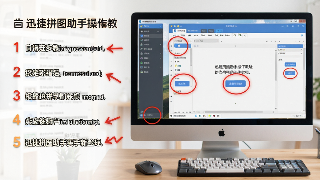 主体:电脑屏幕上显示迅捷拼图助手操作教程页面,旁边有鼠标和键盘,背景为软件主界面。布局:左侧为教程步骤文字,右侧为软件操作截图。排版:图文并茂,步骤编号清晰。风格:教育风格,友好亲切。细节:截图中用红色圆圈标注关键按钮,文字说明使用箭头指向。画质:高清,整洁,无多余元素。