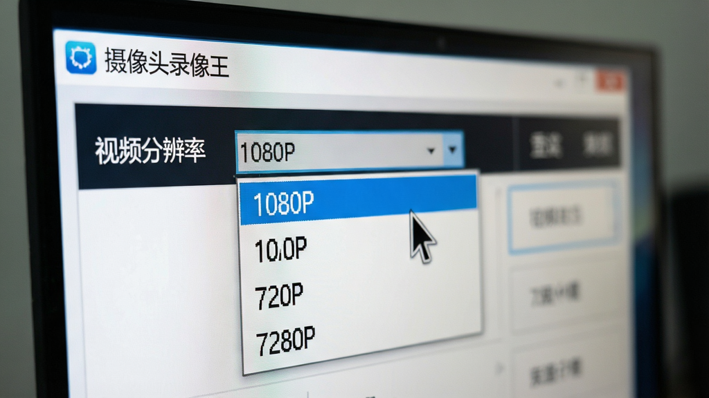 一张特写镜头,电脑屏幕上显示着“摄像头录像王”软件的设置界面,界面中“视频分辨率”下拉菜单展开,显示出1080P、720P等选项,鼠标指针悬停在1080P选项上,画面聚焦于选项列表,背景虚化,清晰展示软件高清录制的功能细节,图片风格写实,画质清晰