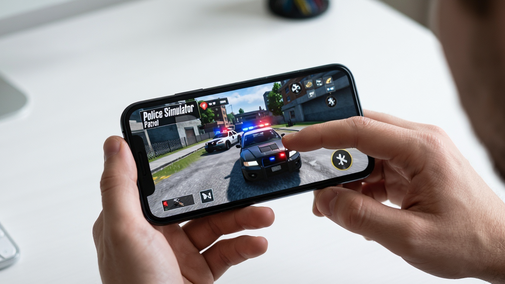 ���壺һλ����ֳ��ֻ����桰Police Simulator Patrol�����ֻ���Ļ��ʾ��Ϸ���档���֣��ֻ�λ�ڻ������룬�����Ǽ������档�Ű棺ͻ���ֻ���Ļ�е���Ϸ���ݡ����ʵ����Ƭ���ϸ�ڣ���ָ������Ļ����Ϸ���������ɱ档���ʣ����壬�Խ�׼ȷ���ɾ��޶���Ԫ�ء�