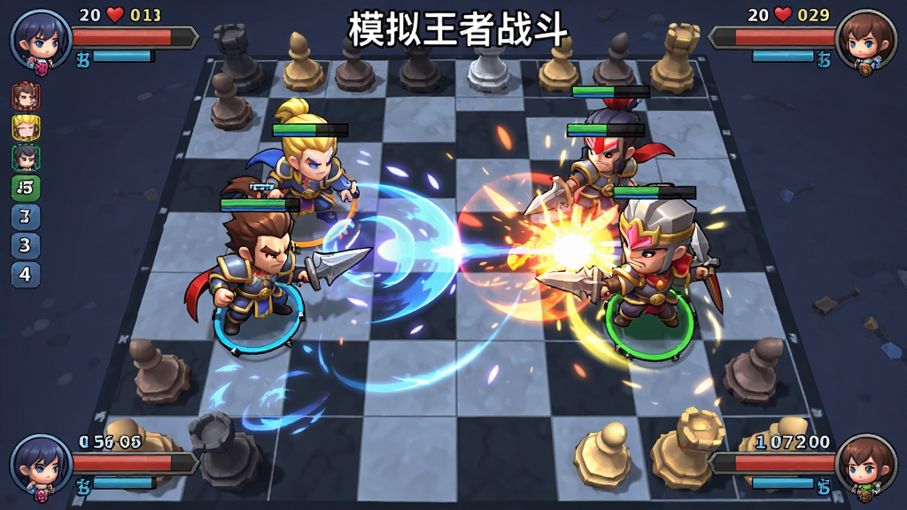 描述《模拟王者战斗》实时对战画面的图片,主体是棋盘上两方Q版英雄正在激烈战斗,有技能特效,布局为俯视视角,四周有玩家血量排名UI,风格为动态卡通,细节丰富,画质流畅,干净无多余元素