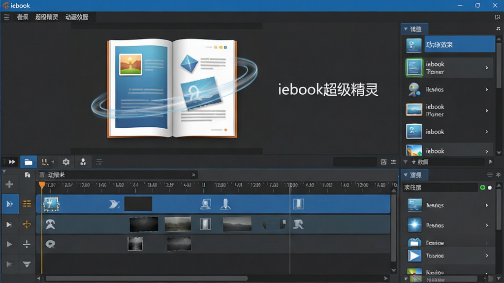 主体:iebook超级精灵的动画特效设置界面,展示时间轴和动画效果列表。布局:上方为预览窗口,下方为时间轴轨道和效果属性面板。排版:时间轴采用横向滚动条,动画效果以图标和名称形式列出。风格:专业编辑软件风格,色调为深灰与蓝色搭配。细节:时间轴上显示多个关键帧,预览窗口中页面元素带有运动轨迹,旁边标注“iebook超级精灵”文字。画质:高清、干净、无多余元素。