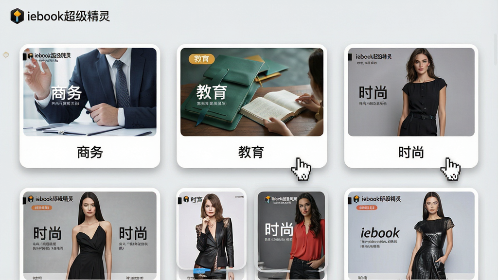 主体:iebook超级精灵的模板选择界面,展示多种风格的电子杂志模板缩略图。布局:以网格形式排列模板卡片,每个卡片显示模板预览图和名称。排版:整齐的网格布局,卡片大小统一,鼠标悬停时高亮显示。风格:现代简约,背景为浅灰色,卡片带有圆角阴影。细节:模板预览图中包含“商务”、“教育”、“时尚”等分类标签,左上角有“iebook超级精灵”logo。画质:高清、干净、无多余元素。