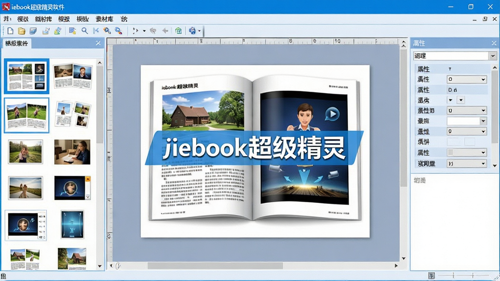 主体:iebook超级精灵软件的主界面截图,展示其电子杂志编辑功能。布局:左侧为模板与素材库,中间为页面编辑区,右侧为属性设置面板,整体界面清晰有序。排版:采用典型的Windows软件窗口布局,菜单栏、工具栏、面板分区明确。风格:现代扁平化设计,色彩以蓝白为主,简洁清爽。细节:页面编辑区中显示一本翻开的电子杂志,带有图片、文字和动画元素,高亮显示“iebook超级精灵”字样。画质:高清、干净、无多余元素。