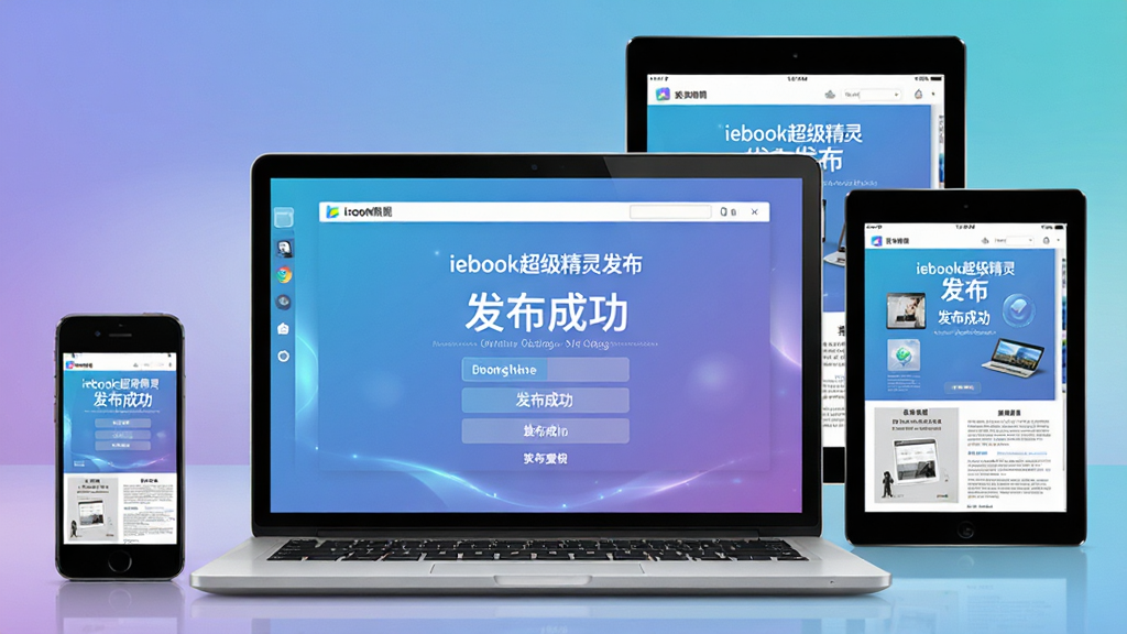 主体:一台笔记本电脑上显示iebook超级精灵的发布界面,旁边放着手机和平板。布局:电脑屏幕为前景,手机和平板在后方环绕,形成立体感。排版:电脑屏幕中展示软件发布选项,手机和平板显示生成的电子杂志效果。风格:科技感,背景为渐变色,光线柔和。细节:屏幕上有“发布成功”字样,手机和平板上的内容与电脑一致,整体协调。画质:高清、干净、无多余元素。