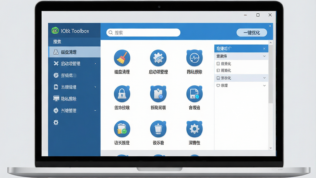 主体:一台现代化笔记本电脑屏幕显示IObit Toolbox主界面,界面包含多个功能图标如“磁盘清理”、“启动项管理”、“隐私擦除”等。布局:左侧为软件logo和功能列表,右侧为选中功能的详细操作面板,整体采用蓝白配色。排版:功能图标以网格形式排列,每个图标下方有中文名称标注,界面顶部有搜索框和“一键优化”按钮。风格:扁平化设计,简洁明亮,科技感强。细节:界面中所有文字清晰可读,图标精致,背景为浅灰色,突出软件主体。画质:4K超高清,干净,无多余元素。