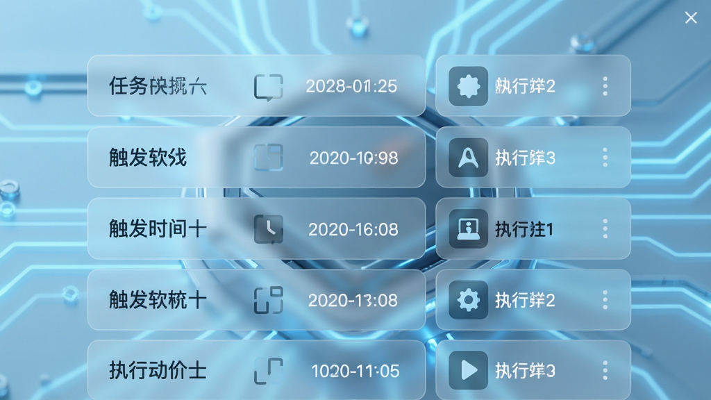 易特定时关机软件的任务列表界面,主体为半透明玻璃质感的多行任务卡片,每张卡片上显示任务名称、触发时间、执行动作图标,背景为浅蓝色科技光效,布局清晰,排版现代,风格科技感强,细节精致,画质干净,无多余元素