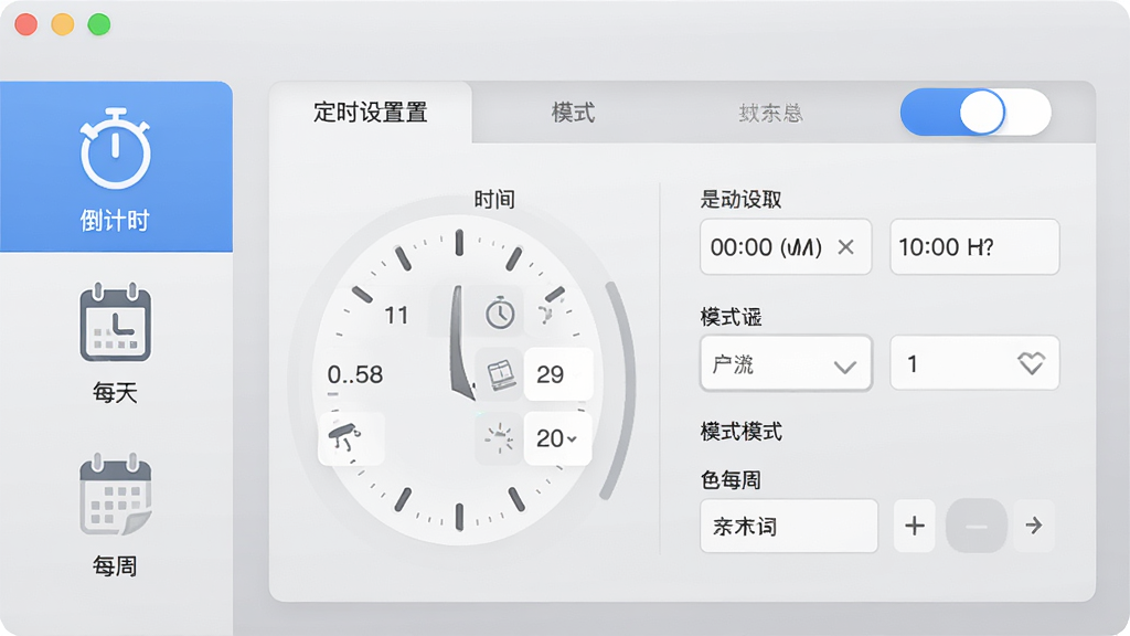 展示易特定时关机软件的定时设置面板,主体为时间选择器与模式切换选项卡,左侧列举“倒计时”、“每天”、“每周”等模式图标,右侧显示具体时间设定区域,背景为淡灰色渐变,排版整齐,风格清爽,细节丰富,画质干净,无多余元素