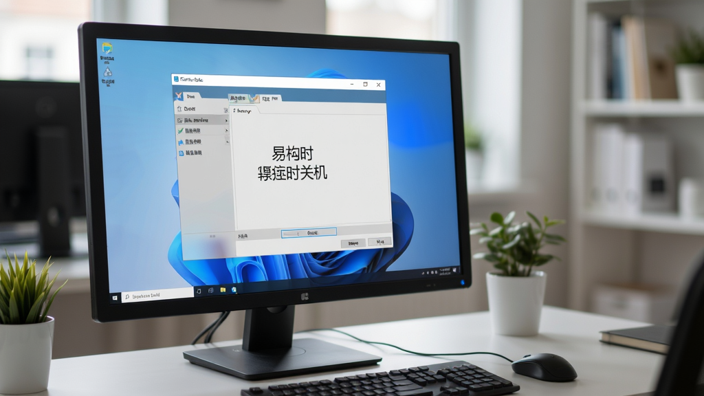 易特定时关机软件运行在Windows桌面上的实拍图,主体为电脑屏幕显示软件主界面,周围是整洁的办公环境,背景虚化,布局自然,排版真实,风格生活化,细节清晰,画质干净,无多余元素