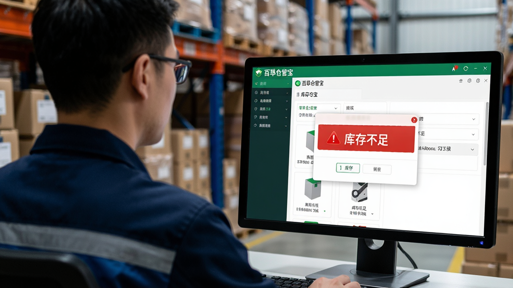 主体为仓库管理员正在使用电脑查看百草仓管宝软件中的库存预警弹窗,弹窗显示“库存不足”红色警示字样。布局为管理员背影在画面左侧,电脑屏幕在右侧。排版为对角线构图。风格为写实摄影风格结合屏幕UI高清展示,色彩对比鲜明,屏幕光亮照亮周围。细节包括屏幕上的“百草仓管宝”软件界面和具体的商品名称,画质细腻,干净无多余元素。
