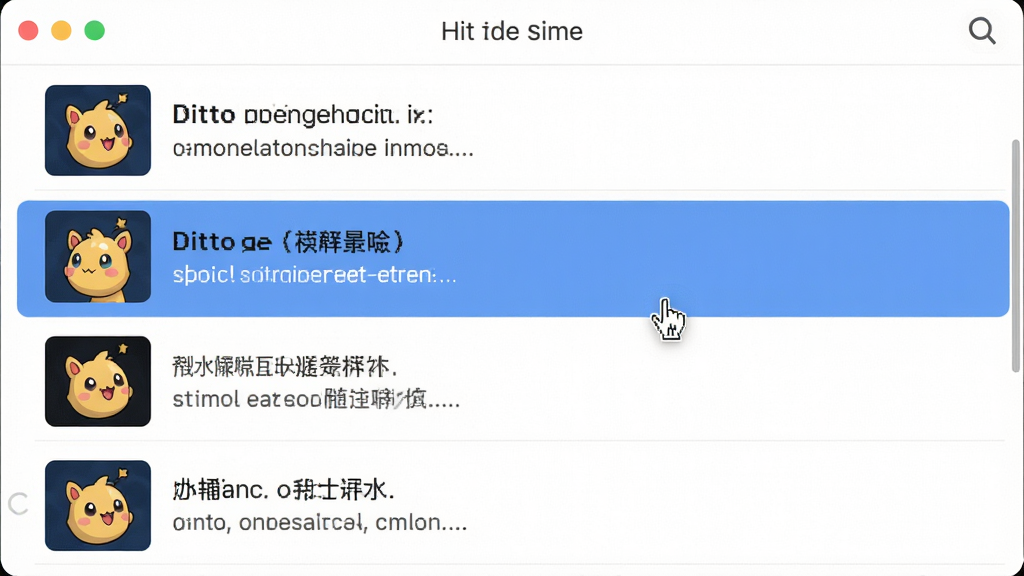 主体:Ditto软件历史记录窗口,展示多条不同类型的剪贴板条目,包括文字和图片。布局:垂直列表排列,每条记录有缩略图和内容摘要。排版:简洁清晰,条目间距适中。风格:清爽、直观。细节:鼠标悬停在某条记录上显示高亮,右上角有搜索图标。画质:高清,干净,无多余元素。