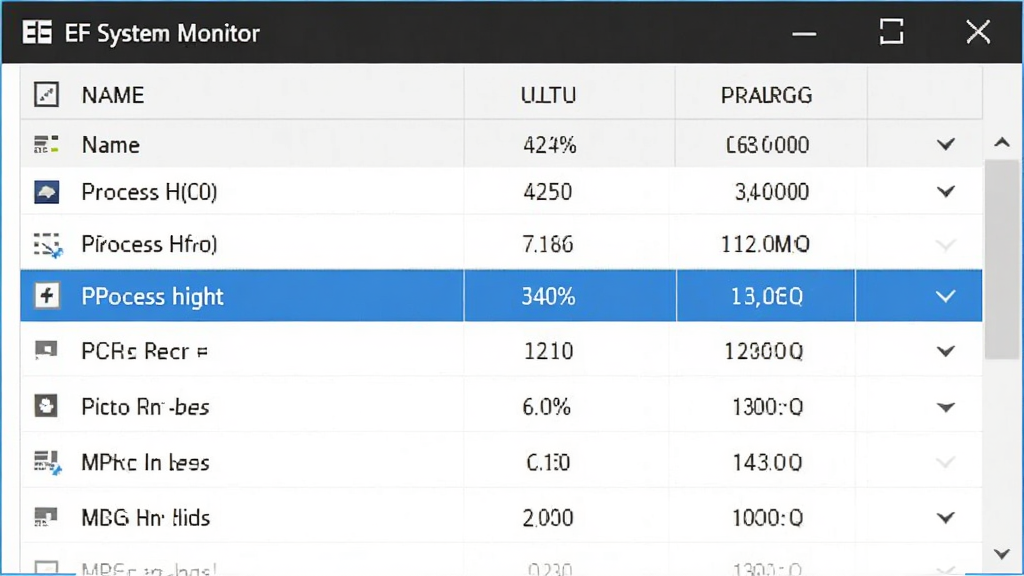EF System Monitor 的进程列表界面,表格中显示进程名称、CPU占用率、内存占用,并高亮显示占用较高的进程,整体风格简洁,数据直观,画质干净