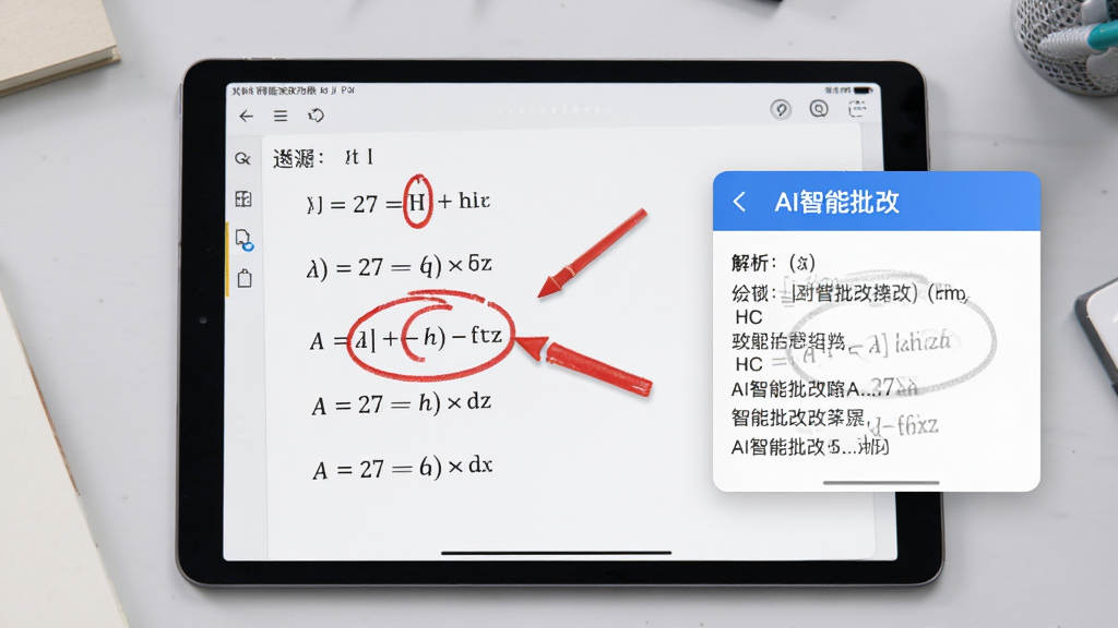 展示AI智能批改功能特写,主体为平板电脑屏幕,显示一道数学题被红笔圈出错处,旁边弹出解析弹窗,布局为屏幕占画面中央,背景为浅灰色书桌,风格写实清晰,细节包括批改痕迹和解析文字,画质干净明亮,图片中显示文字“AI智能批改”