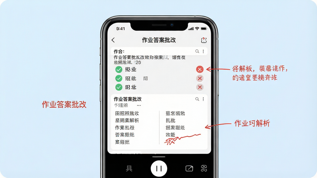 一张展示作业答案批改软件核心功能的场景图,主体为智能手机屏幕显示作业拍照批改界面,屏幕上有对勾和叉号标记,旁边有红色批注和解析文字,布局为手机居中,背景为淡蓝色渐变,风格清新简约,细节包括清晰的题目文字和答案对比,画质高清干净,无多余元素,图片中显示文字“作业答案批改”