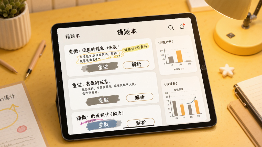 展示错题本功能界面,主体为平板电脑屏幕显示错题列表,每道错题下方有“重做”和“解析”按钮,布局为上下滚动式,背景为暖黄色书桌,风格柔和,细节包括错题标注和统计图表,画质清晰柔和,图片中显示文字“错题本”