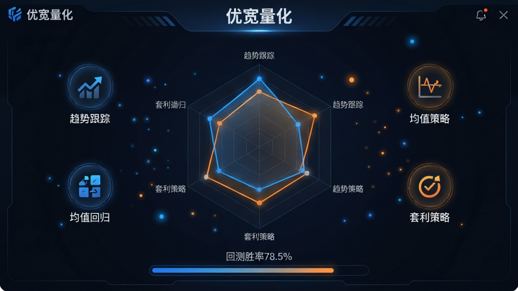 画面主体为“优宽量化”软件的策略引擎功能界面,中央是一个大型雷达图,周围环绕着“趋势跟踪”、“均值回归”、“套利策略”等图标。界面采用深色科技背景,蓝色与橙色高亮指示当前活跃策略,底部有“回测胜率78.5%”的进度条。布局为对称结构,信息层级清晰,风格为现代UI设计,细节包括发光边缘、微小粒子动画效果。画质精致干净,无多余元素,体现智能、高效、专业感。