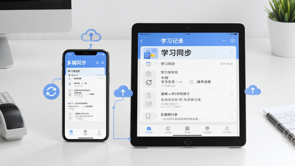 展示多端同步示意图,主体为手机和平板并排放置,屏幕显示相同的学习记录界面,布局为左右对称,背景为简洁工作台,风格商务简约,细节包括同步图标和云朵元素,画质干净明亮,图片中显示文字“多端同步”