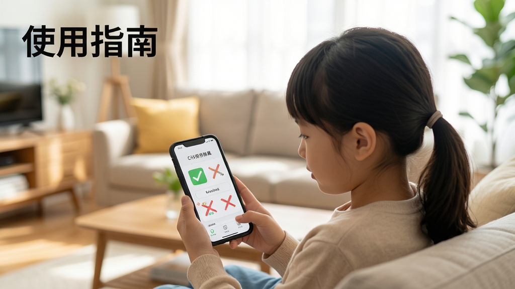 展示使用指南场景图,主体为家长和孩子一起使用手机查看批改结果,布局为人物居中,背景为明亮的客厅,风格温馨写实,细节包括手机屏幕上的对勾和红叉,画质清晰自然,图片中显示文字“使用指南”