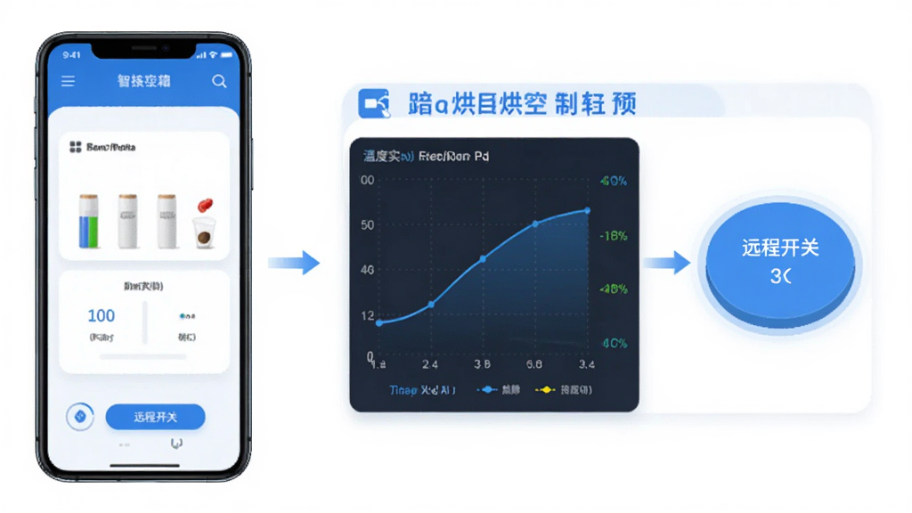 onlypet智能烘箱控制软件主界面预览图,展示手机连接烘箱设备、温度曲线实时显示、远程开关按钮的UI设计,扁平化风格,蓝色科技感配色,界面布局清晰,图标简洁,画质干净,无多余元素