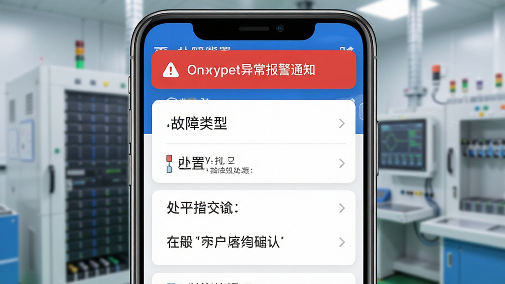 onlypet异常报警通知界面,手机顶部弹出红色报警横幅,屏幕内显示故障类型和处置建议,背景为设备工作场景,色彩鲜明,画质干净,无多余元素