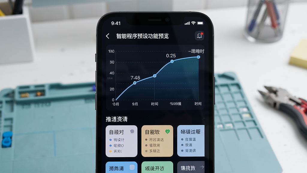 onlypet智能程序预设功能预览,手机屏幕显示可编辑的温度-时间曲线图,下方列出多个自定义程序卡片,背景为简洁工作台,风格清爽,UI界面精致,画质清晰,无多余元素