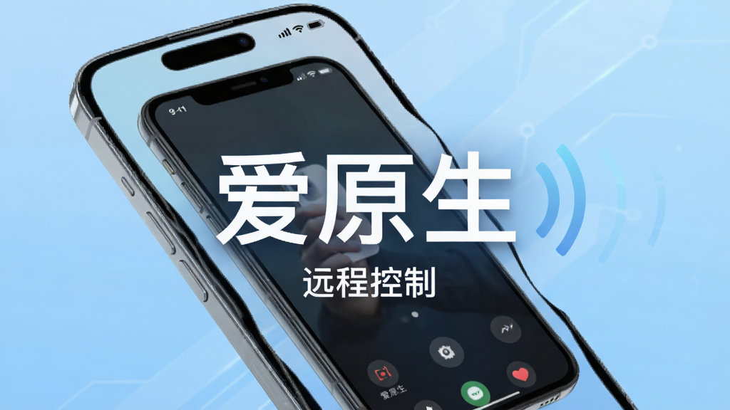 主视觉展示:一部智能手机屏幕内嵌套另一部手机的实时操作界面,背景为浅蓝色科技感渐变,画面中央显示“爱原生”三个大字,下方有“远程控制”小字,整体风格简洁现代,高清渲染,干净无多余元素