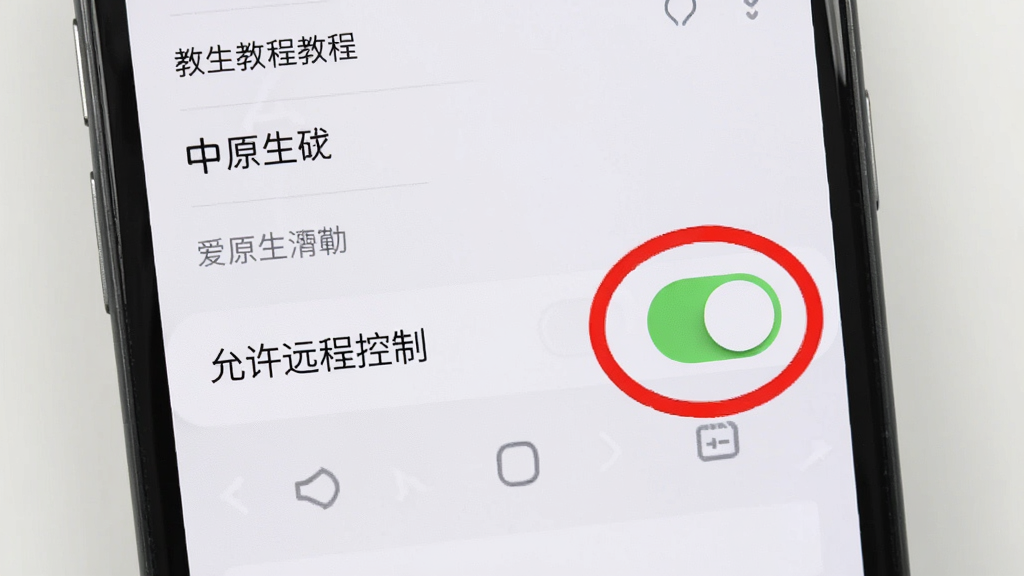 使用教程:手机屏幕展示爱原生设置界面,重点标注“允许远程控制”开关位置,用红色圆圈标识,背景为干净的操作界面,高清截图风格,干净无多余元素