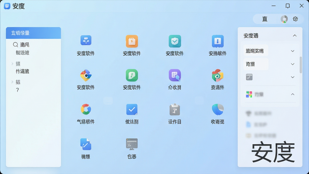 一张展示安度软件主界面的高清截图,界面布局清晰,功能图标排列整齐,背景为淡蓝色渐变,整体风格简约现代,文字标注