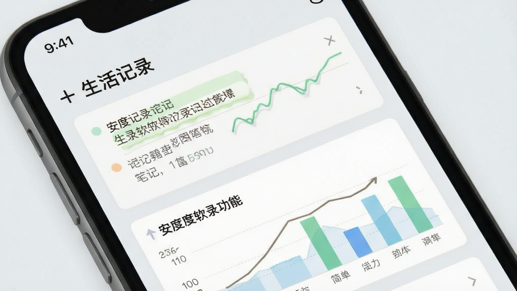 展示安度软件记录功能的界面,手机屏幕上显示有笔记列表和简单的统计图表,背景为浅灰色,风格简约,文字标注
