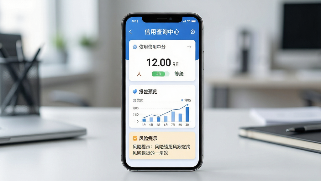 画面主体为一部智能手机屏幕特写,屏幕中清晰显示“信用查询中心”应用界面,界面包含个人信用评分、报告预览、风险提示等模块,手机置于简洁办公桌上,背景虚化。布局采用居中构图,手机屏幕内容为视觉焦点。排版上,界面元素排列整齐,数据图表清晰易读。风格为现代扁平化结合轻度拟物,色彩以蓝色和白色为主,传递专业、可靠感。细节上,屏幕内文字“信用查询中心”需清晰可辨,并展示信用分数、等级等关键数据。画质要求高清、干净,无多余元素。
