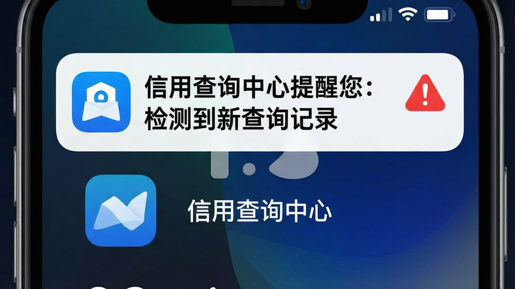 画面主体为手机锁屏界面,屏幕上方显示一条推送通知,内容为“信用查询中心提醒您:检测到新查询记录”,通知栏下方显示应用图标和“信用查询中心”文字。布局为手机屏幕居中,背景为深色渐变。排版上,通知文案醒目,应用图标清晰。风格为现代科技感,色彩以蓝色和白色为主。细节上,需体现预警的及时性和重要性,可添加红色感叹号图标。画质要求高清、干净,无多余元素。