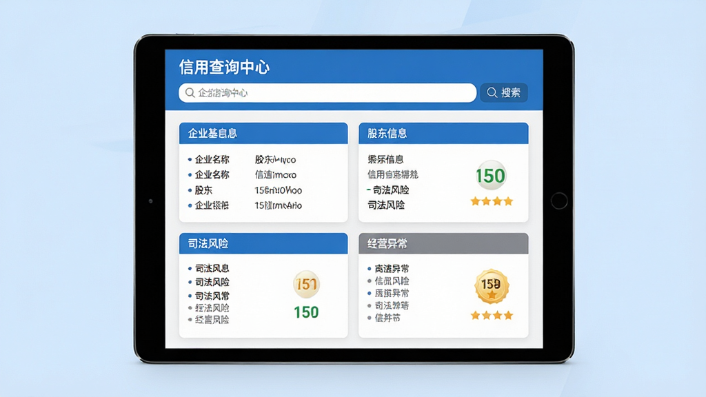 画面主体为平板电脑屏幕,屏幕中显示“信用查询中心”企业信用查询结果页面,包含企业基本信息、股东信息、司法风险、经营异常等模块,页面顶部有搜索栏。布局为平板居中,背景为浅蓝色。排版上,信息层级分明,卡片式设计。风格为商务简洁风,色彩以蓝色、白色和灰色为主。细节上,需展示具体企业名称示例和信用等级标识。画质要求高清、干净,无多余元素。