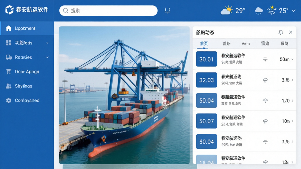 主体:春安航运软件主界面展示,背景为现代化港口码头,货轮停靠,吊机作业。布局:左侧为功能导航栏,右侧为船舶动态列表,顶部为搜索框与天气信息。排版:清晰的信息层级,卡片式模块,蓝色主色调搭配白色背景。风格:商务科技感,扁平化设计,细节丰富。画质:高清,干净,无多余元素。