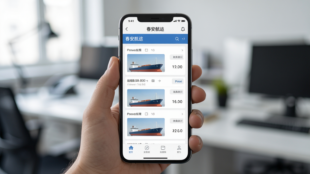 主体:用户手持手机使用春安航运APP,屏幕显示船舶列表。布局:手机居中,背景为模糊的办公环境。排版:手机屏幕特写,界面清晰可见。风格:纪实风格,自然光线。画质:高清,干净,无多余元素。
