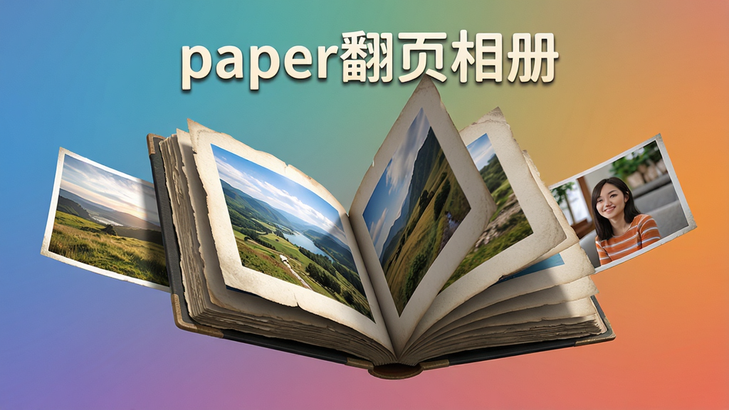 主体:一本打开的电子相册悬浮在背景中,页面正在翻动,呈现明显的弯曲弧度。布局:相册位于画面中央,左右两侧各有一张照片从相册中飞出。排版:相册上方有“paper翻页相册”艺术字标题。风格:三维渲染,写实风格,光影效果突出。细节:翻页的纸张边缘有细微的磨损痕迹,页面上的照片内容为风景和人物,背景为渐变色。画质:超高清,干净,无多余元素。