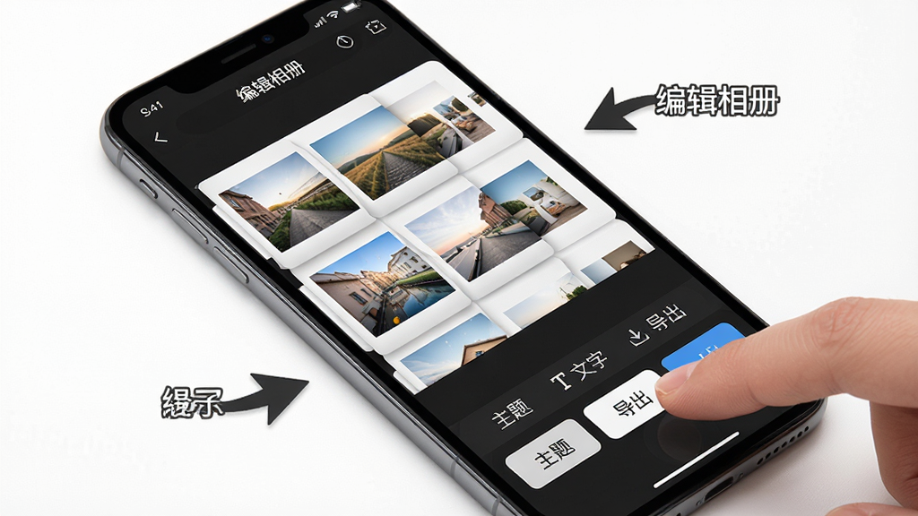 主体:一部手机正在展示paper翻页相册的编辑界面,屏幕上显示照片排列和工具栏。布局:手机斜放,屏幕朝上,周围有操作提示箭头。排版:屏幕上方有“编辑相册”字样,下方有“主题”、“文字”、“导出”等按钮。风格:写实风格,界面清晰。细节:手指正在点击屏幕上的“导出”按钮。画质:高清,干净,无多余元素。