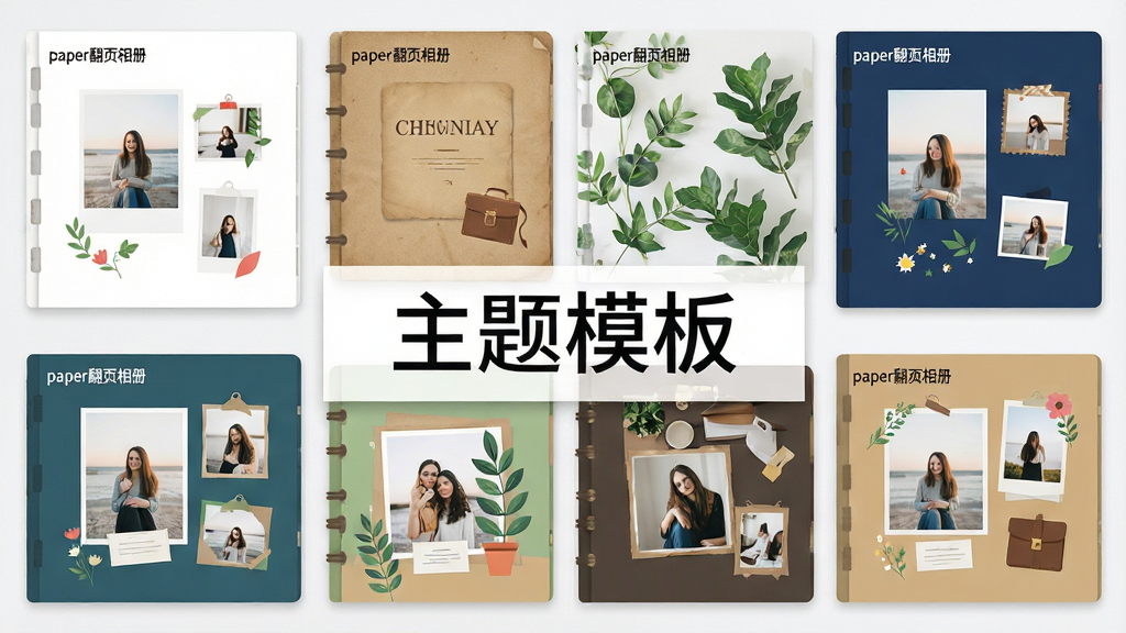 主体:多款不同风格的相册模板平铺展示,包括简约白、复古牛皮纸、清新绿植、商务深蓝等。布局:模板以网格状排列,每个模板左上角有“paper翻页相册”小字水印。排版:画面中央偏上有“主题模板”字样。风格:扁平化设计,色彩鲜明。细节:每个模板内展示有对应的照片排版和装饰元素。画质:清晰,干净,无多余元素。