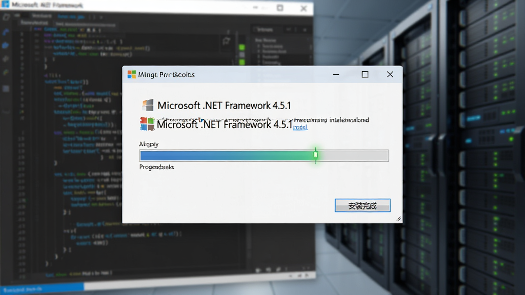 主体:Microsoft .NET Framework 4.5.1 安装进度界面,布局:安装向导中央为进度条与“安装完成”按钮,背景为模糊的代码编辑器与服务器机柜,排版:居中构图,风格:写实风格,细节:界面文字清晰,进度条高亮,服务器指示灯闪烁,画质:细腻光影,干净背景