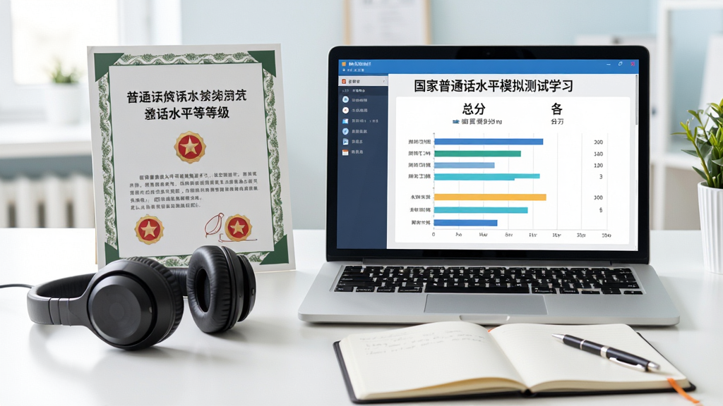 笔记本电脑旁摆放耳机与普通话水平测试等级证书,屏幕展示