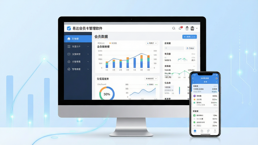 一张现代简约风格的电脑与手机设备同步界面展示图,画面中心是“易达会员卡管理软件”的管理后台界面,布局清晰,左侧为功能导航栏,右侧显示会员数据图表与交易流水,背景采用浅蓝色渐变,整体风格干净明亮,科技感强,画质高清,无多余元素