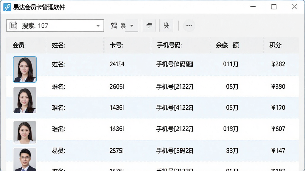 软件界面截图风格图片,主题为“易达会员卡管理软件”的会员列表页面,表格中清晰展示会员头像、姓名、卡号、手机号码、余额与积分等信息,行间有淡色分隔线,顶部有搜索筛选工具栏,整体界面简洁专业,数据排列整齐,画质清晰,无多余元素
