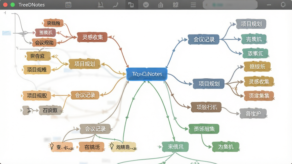 主体:TreeDBNotes 软件中一个展开的树状笔记结构示意图,中心是一个根节点,分支出多个子节点,子节点下还有更细的叶子节点。布局:以中心向外辐射或自上而下的树状图形式展示,节点之间有线条连接。排版:每个节点上标注有“项目规划”、“会议记录”、“灵感收集”等文字标签。风格:扁平化矢量风格,简洁清晰。细节:不同层级的节点用不同颜色区分,高亮显示当前选中节点。画质:高清晰度,背景干净,无多余元素。
