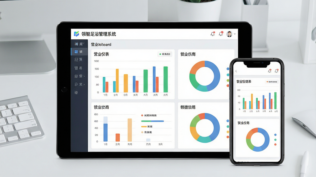 一张现代简约风格的软件界面预览图,画面中央是平板电脑和手机,屏幕中清晰显示“领智足浴管理系统”的营业仪表盘,包含彩色柱状图与环形统计图,背景为浅灰色办公桌面,整体布局干净明亮,画质高清,无多余元素