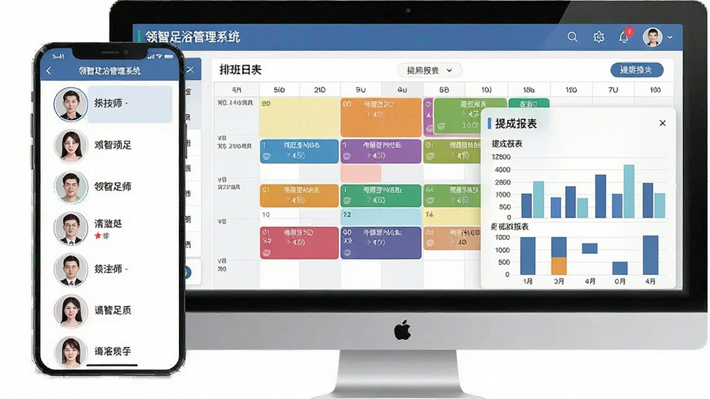 一张“领智足浴管理系统”手机端与电脑端同步显示的排班日历界面,左侧为技师头像列表,右侧为彩色班次色块,整体风格扁平化设计,配有清晰的“提成报表”柱状图窗口,布局合理,画质细腻