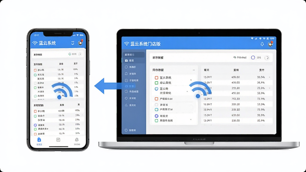 蓝云系统门店版手机端与电脑端同步操作演示图,主体为一部智能手机和一台笔记本电脑并排放置,屏幕均显示相同库存数据,布局平衡,风格现代干净,细节包括WiFi图标与数据同步箭头,画质高清无多余元素
