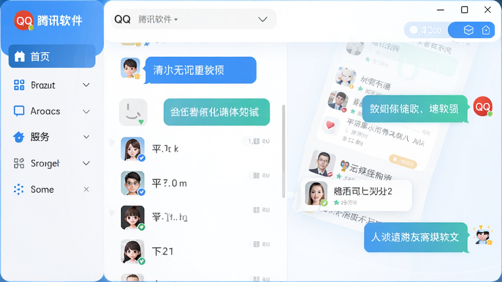 主体:腾讯QQ软件界面,展示聊天窗口与好友列表;布局:左侧为功能导航栏,右侧为对话区域,整体结构清晰;排版:现代化扁平化设计,蓝色主题色调,圆角卡片式组件;风格:科技感与亲和力结合,界面明亮通透;细节:消息气泡、头像、菜单图标清晰可见,界面文字包含
